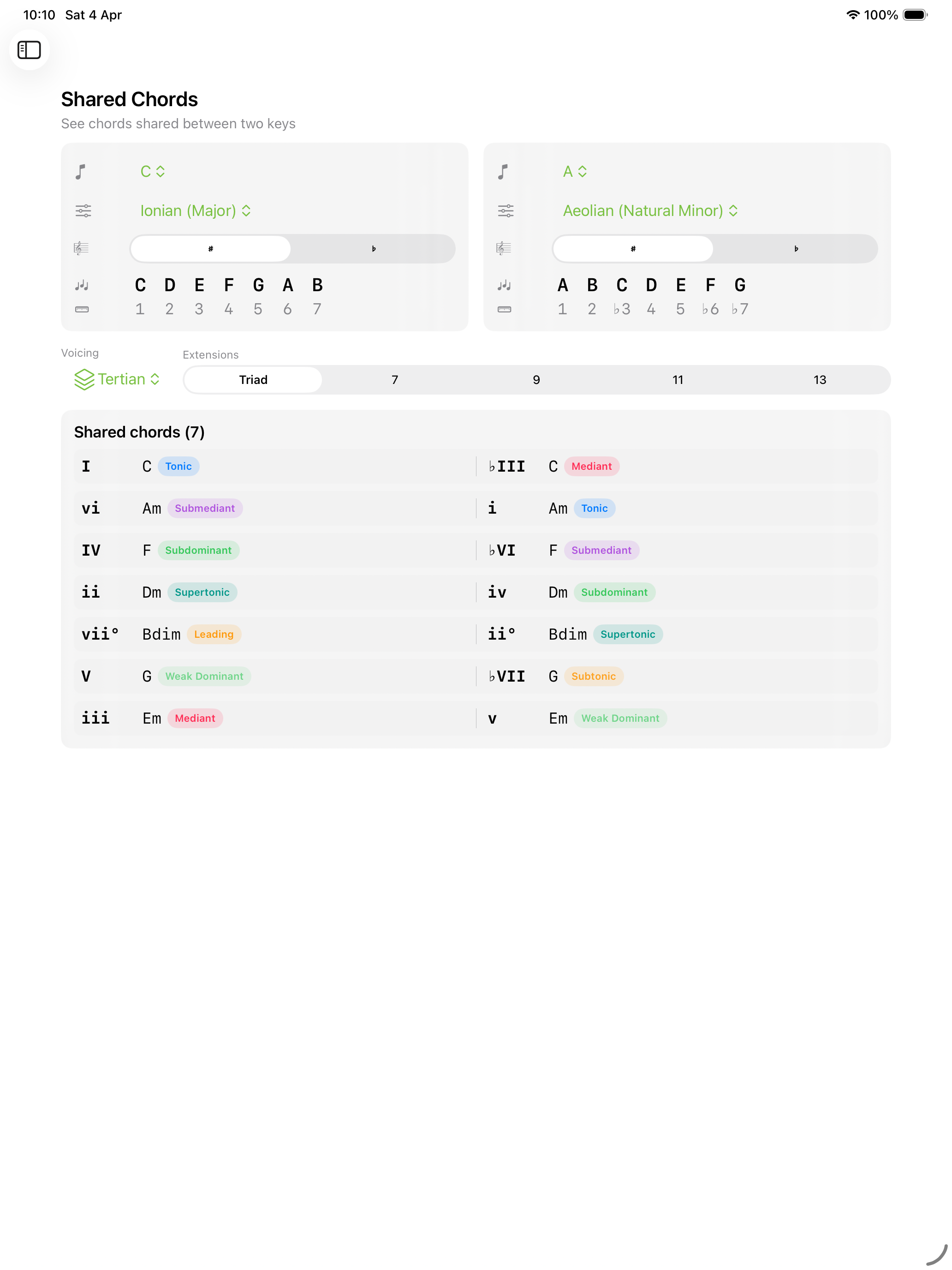 Shared Chords screen on iPad